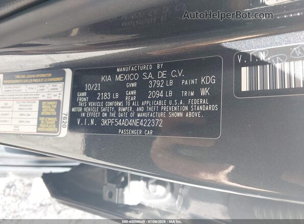 3KPF54AD4NE422372 2022 KIA FORTE Gray Вид підкапотного простору