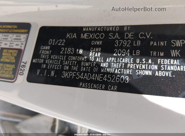 3KPF54AD4NE452603 2022 KIA FORTE White Вид підкапотного простору