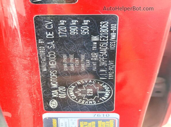 3KPF54AD5LE218063 2020 KIA FORTE Red VIN sticker view