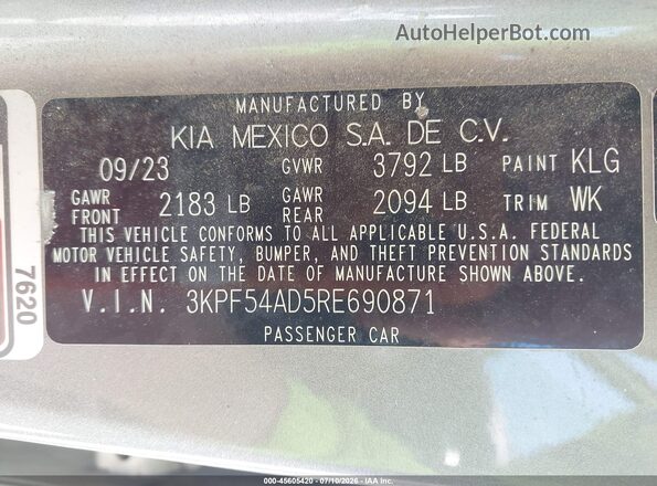3KPF54AD5RE690871 2024 KIA FORTE Gray Շարժիչի բաժամունքի տեսք