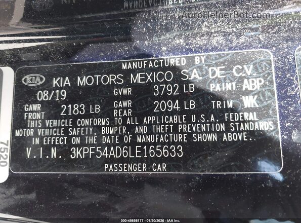 3KPF54AD6LE165633 2020 KIA FORTE Black ძრავის განყოფილების ხედი