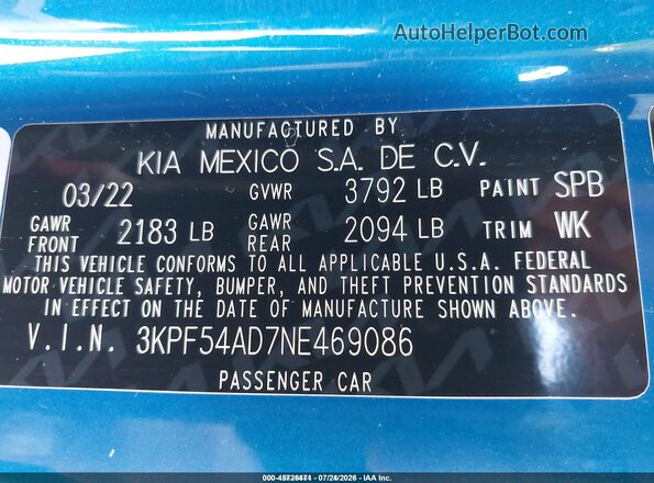 3KPF54AD7NE469086 2022 KIA FORTE Blue Շարժիչի բաժամունքի տեսք