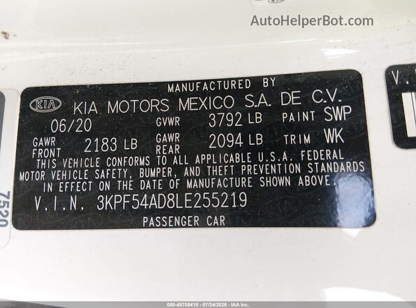 3KPF54AD8LE255219 2020 KIA FORTE Белый Вид подкапотного пространства