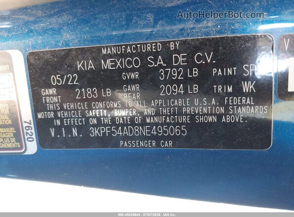 3KPF54AD8NE495065 2022 KIA FORTE Blue ძრავის განყოფილების ხედი