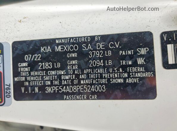 3KPF54AD8PE524003 2023 KIA FORTE White Вид наклейки з VIN-кодом