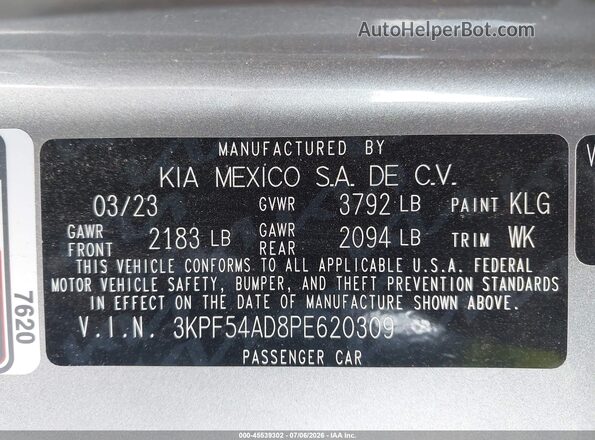 3KPF54AD8PE620309 2023 KIA FORTE Silver Vista del compartimento del motor