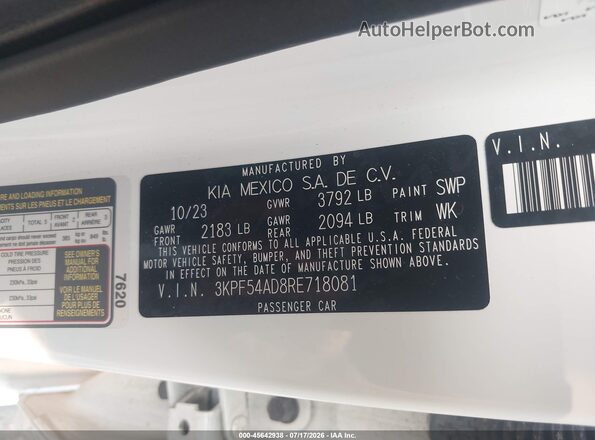 3KPF54AD8RE718081 2024 KIA FORTE White ძრავის განყოფილების ხედი