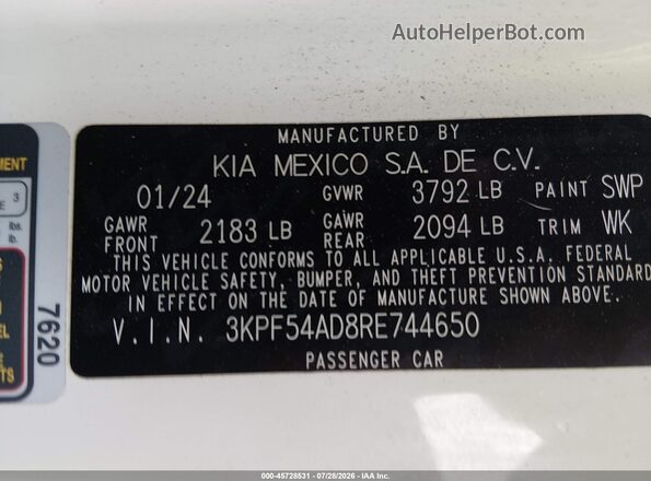 3KPF54AD8RE744650 2024 KIA FORTE Белый Вид подкапотного пространства