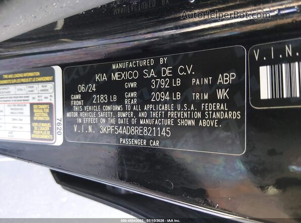 3KPF54AD8RE821145 2024 KIA FORTE Black Vista de la etiqueta del VIN