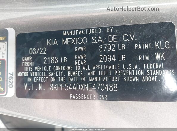 3KPF54ADXNE470488 2022 KIA FORTE Серебряный Вид подкапотного пространства