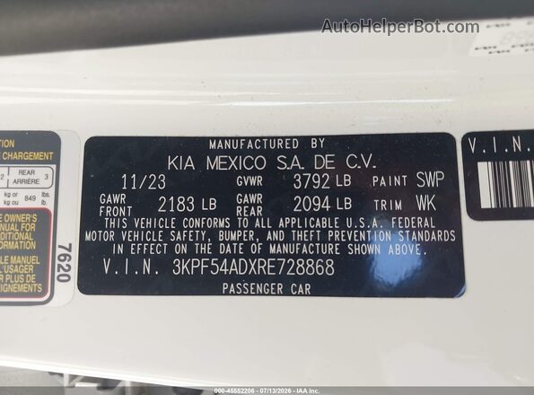 3KPF54ADXRE728868 2024 KIA FORTE White Vista del compartimento del motor