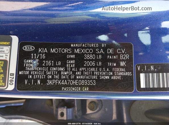 3KPFK4A70HE089353 2017 KIA FORTE Синий Вид подкапотного пространства