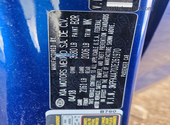 3KPFK4A70JE261970 2018 KIA FORTE Blue Vista de la etiqueta del VIN