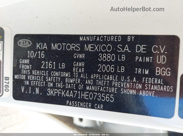 3KPFK4A71HE073565 2017 KIA FORTE White Вид підкапотного простору