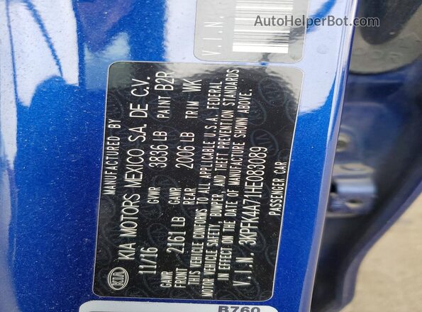 3KPFK4A71HE083089 2017 KIA FORTE Синий Вид наклейки с VIN-кодом