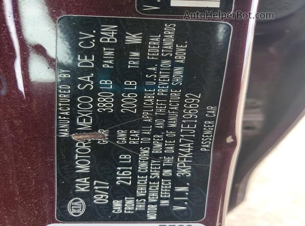 3KPFK4A71JE196692 2018 KIA FORTE Burgundy VIN կոդի պիտակի տեսք