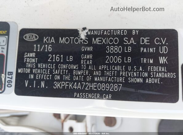 3KPFK4A72HE089287 2017 KIA FORTE White Widok komory silnika