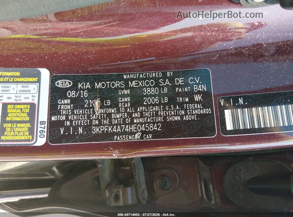 3KPFK4A74HE045842 2017 KIA FORTE Burgundy Вид підкапотного простору