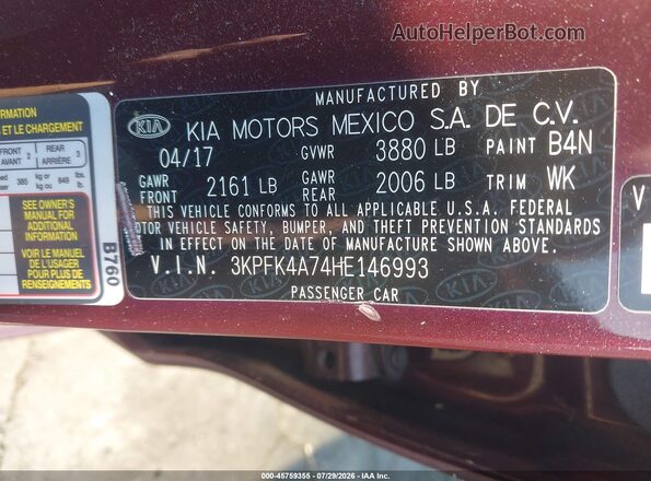 3KPFK4A74HE146993 2017 KIA FORTE Burgundy Widok komory silnika