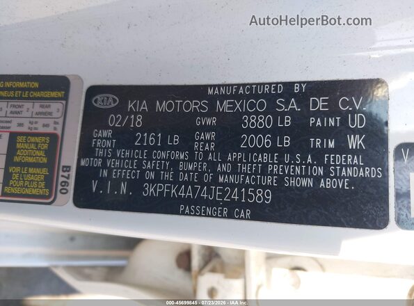 3KPFK4A74JE241589 2018 KIA FORTE White ძრავის განყოფილების ხედი