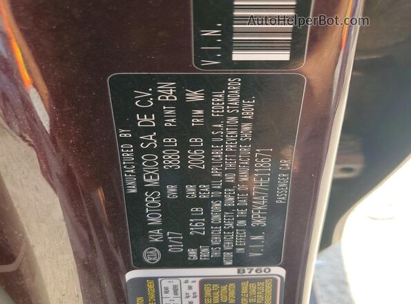 3KPFK4A77HE118671 2017 KIA FORTE Burgundy Engine compartment view