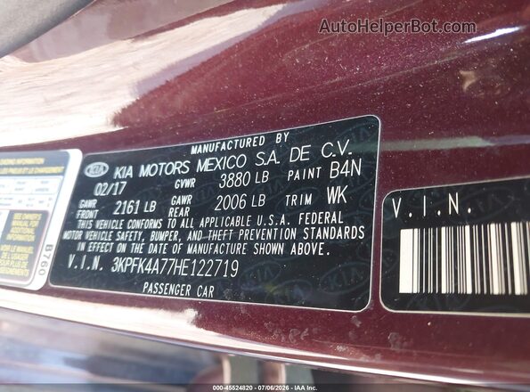3KPFK4A77HE122719 2017 KIA FORTE Burgundy Вид підкапотного простору