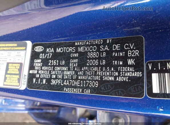 3KPFL4A70HE117309 2017 KIA FORTE Blue ძრავის განყოფილების ხედი