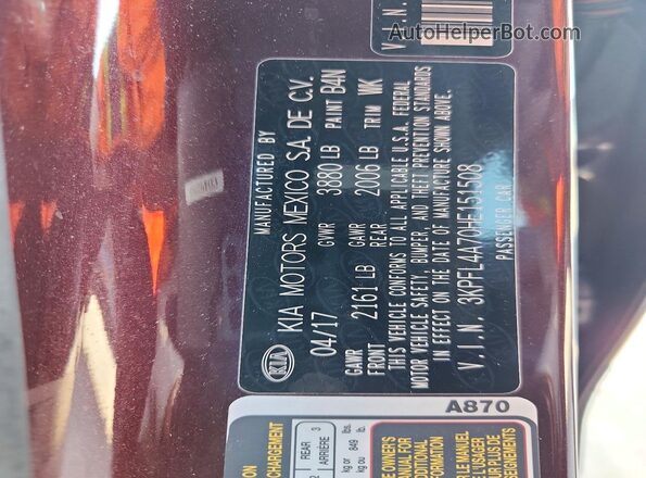 3KPFL4A70HE151508 2017 KIA FORTE Burgundy Вид наклейки з VIN-кодом
