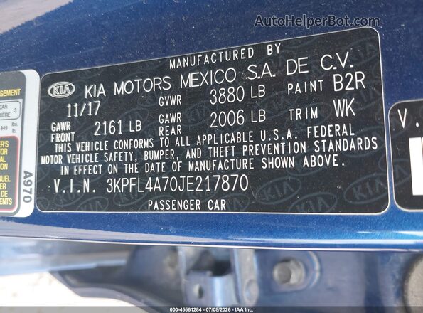 3KPFL4A70JE217870 2018 KIA FORTE Blue Engine compartment view