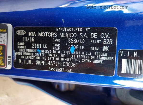 3KPFL4A71HE080061 2017 KIA FORTE Blue Engine compartment view