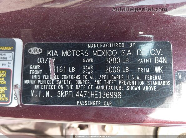 3KPFL4A71HE136998 2017 KIA FORTE Burgundy Շարժիչի բաժամունքի տեսք