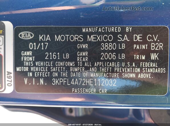 3KPFL4A72HE112032 2017 KIA FORTE Blue Շարժիչի բաժամունքի տեսք