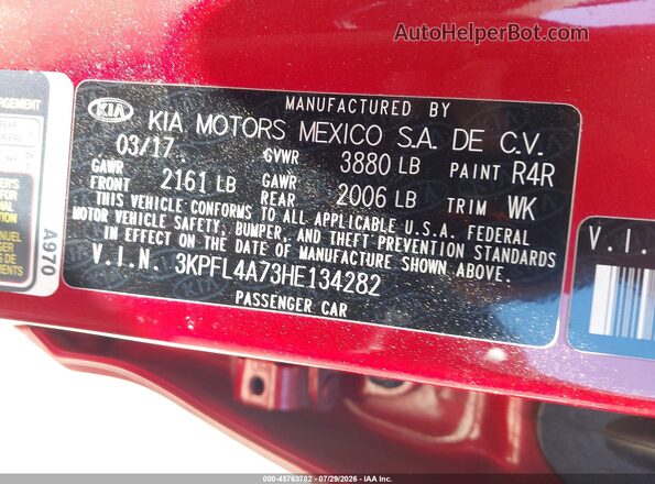3KPFL4A73HE134282 2017 KIA FORTE Red Շարժիչի բաժամունքի տեսք