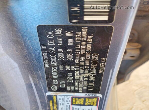 3KPFL4A74HE139359 2017 KIA FORTE Gray VIN კოდის სტიკერის ხედი