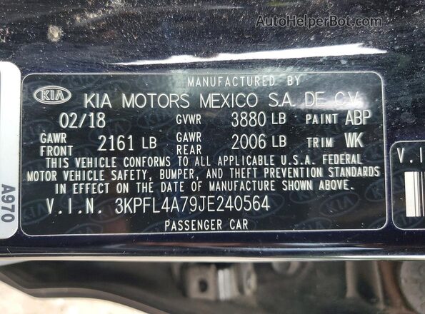 3KPFL4A79JE240564 2018 KIA FORTE Black Widok naklejki z numerem VIN