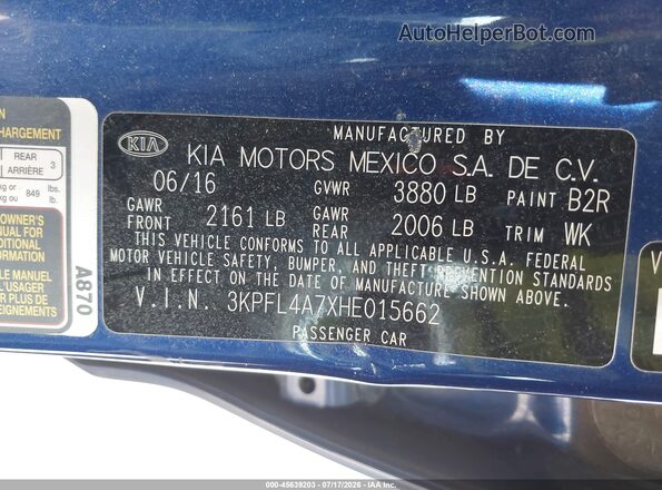 3KPFL4A7XHE015662 2017 KIA FORTE Blue Շարժիչի բաժամունքի տեսք
