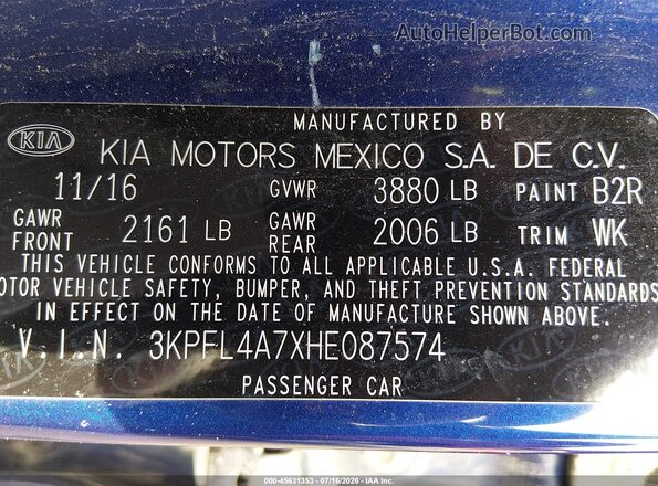 3KPFL4A7XHE087574 2017 KIA FORTE Blue Engine compartment view