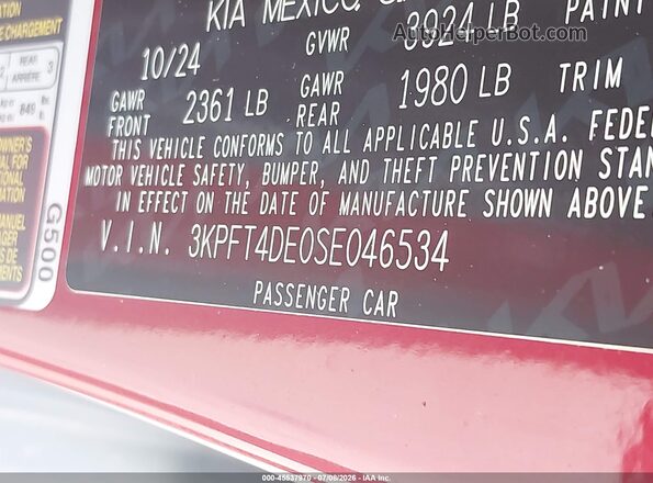 3KPFT4DE0SE046534 2025 KIA K4 Красный Вид подкапотного пространства