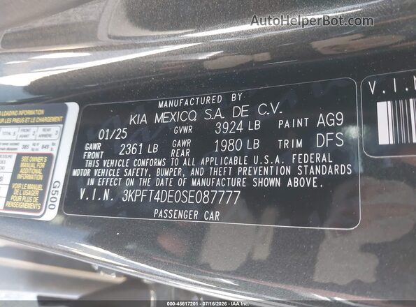 3KPFT4DE0SE087777 2025 KIA K4 Gray Вид підкапотного простору