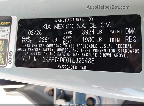 3KPFT4DE0TE323488 2026 KIA K4 Gray Вид підкапотного простору