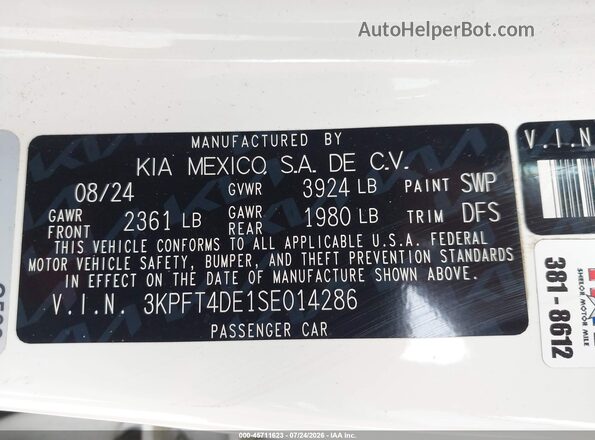 3KPFT4DE1SE014286 2025 KIA K4 White Widok komory silnika