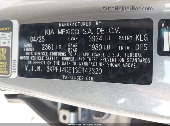 3KPFT4DE1SE142320 2025 KIA K4 Gray Вид підкапотного простору