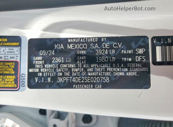 3KPFT4DE2SE020758 2025 KIA K4 White VIN კოდის სტიკერის ხედი