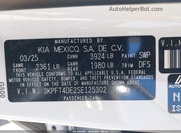 3KPFT4DE2SE125302 2025 KIA K4 White ძრავის განყოფილების ხედი