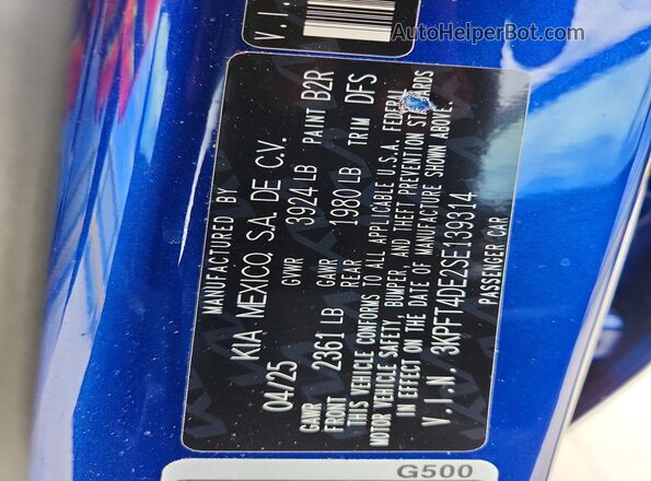 3KPFT4DE2SE139314 2025 KIA K4 Blue VIN კოდის სტიკერის ხედი