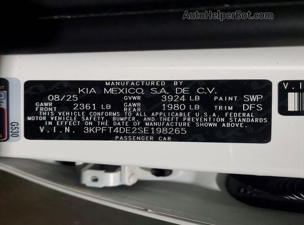 3KPFT4DE2SE198265 2025 KIA K4 White Вид підкапотного простору