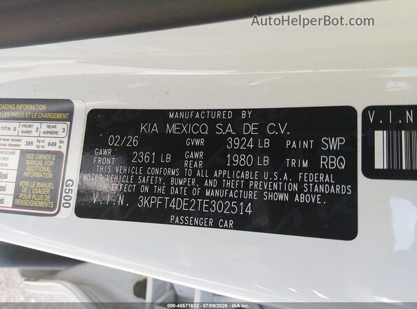 3KPFT4DE2TE302514 2026 KIA K4 White Engine compartment view