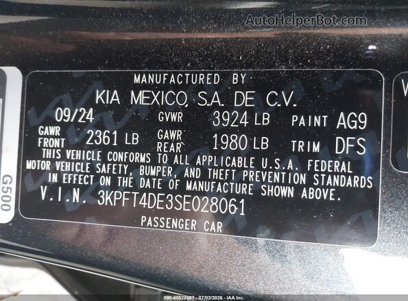 3KPFT4DE3SE028061 2025 KIA K4 Gray Вид підкапотного простору