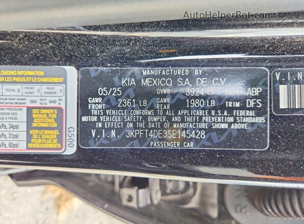 3KPFT4DE3SE145428 2025 KIA K4 Black VIN კოდის სტიკერის ხედი