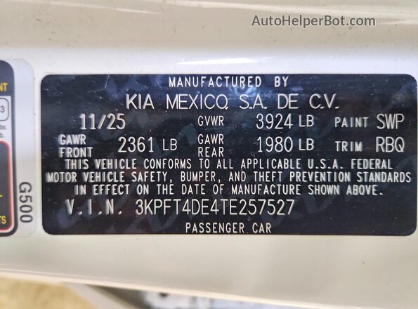 3KPFT4DE4TE257527 2026 KIA K4 White Widok naklejki z numerem VIN